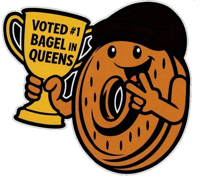 The Middle Village Bagels mascot proudly holding a Queens best bagel trophy